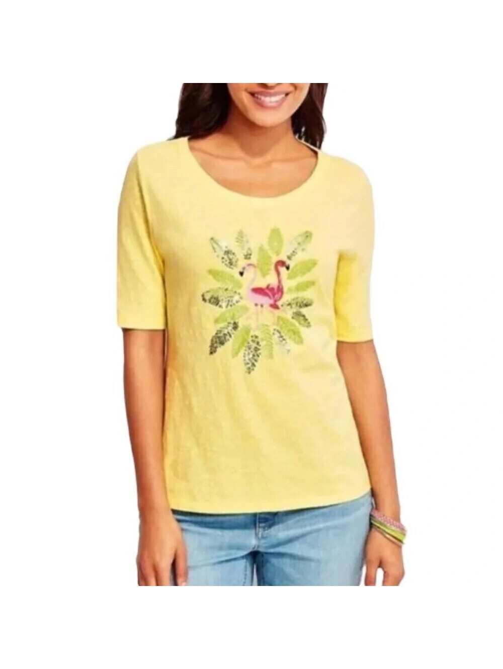 Talbots NWOT Women's Yellow Embroidered Sequin Flamingo T-Shirt Top Size M